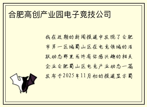 合肥高创产业园电子竞技公司